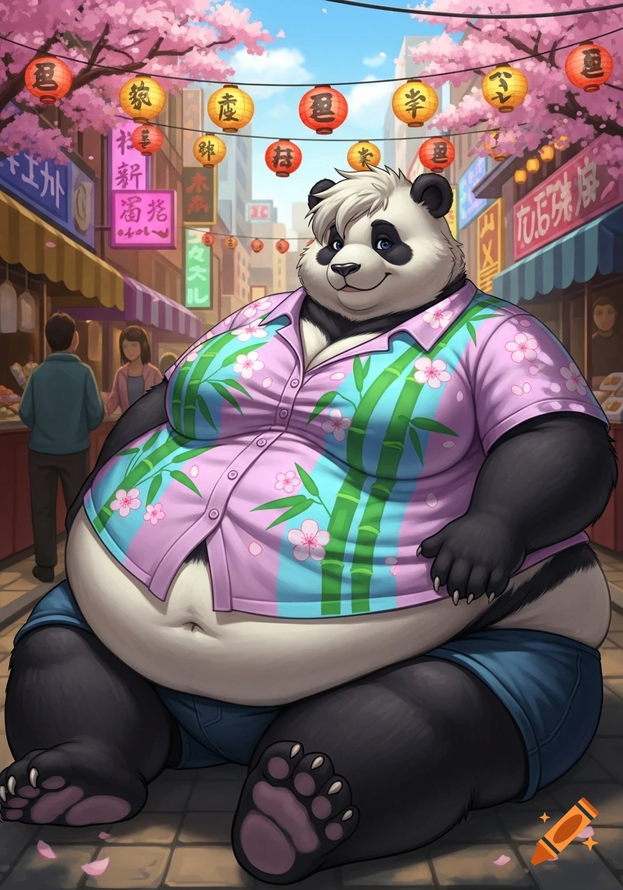 An obese anthropomorphic panda in a pink Hawaiian shirt and blue shorts sits on a street with cherry blossoms and lanterns.