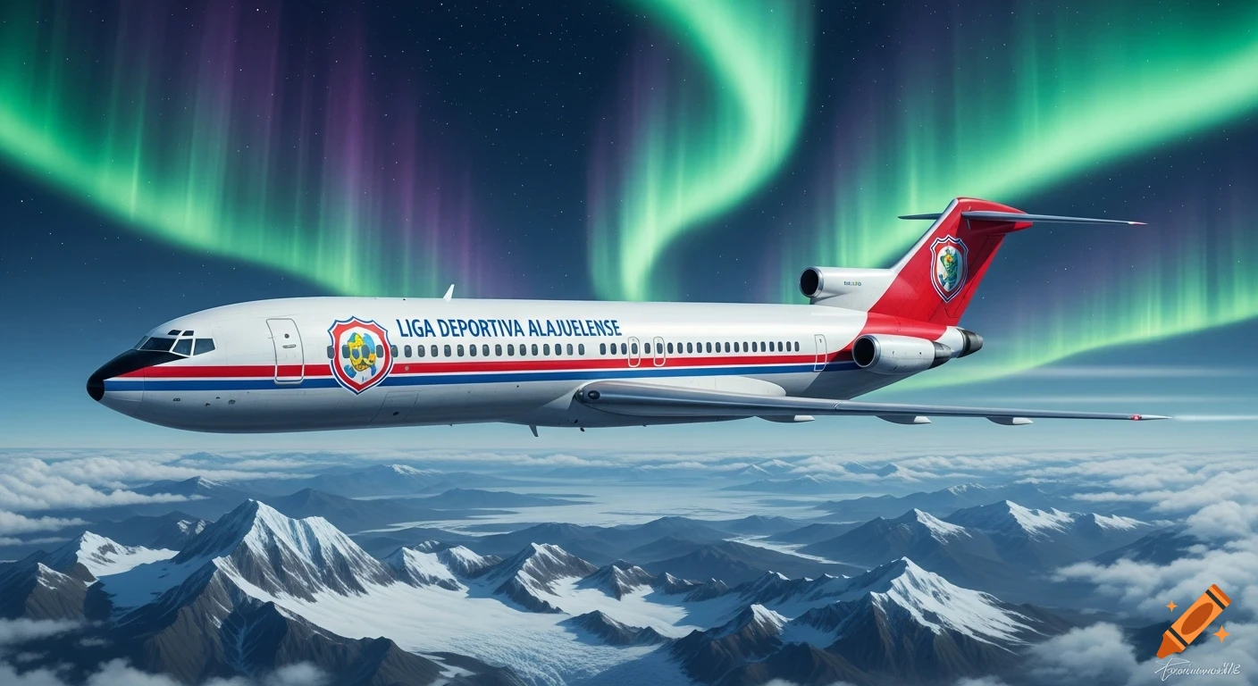 White airplane with "LIGA DEPORTIVA ALAJUELENSE" logo flies over snow-capped mountains under a green and purple aurora borealis sky.