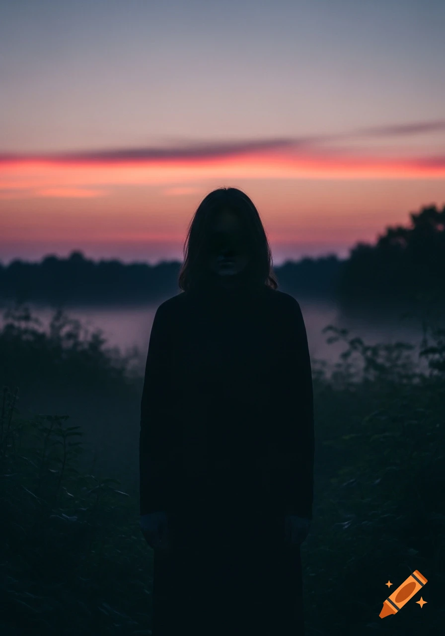 A dark silhouette of a person with an obscured face standing in a misty field against a vibrant pink and orange sunset.