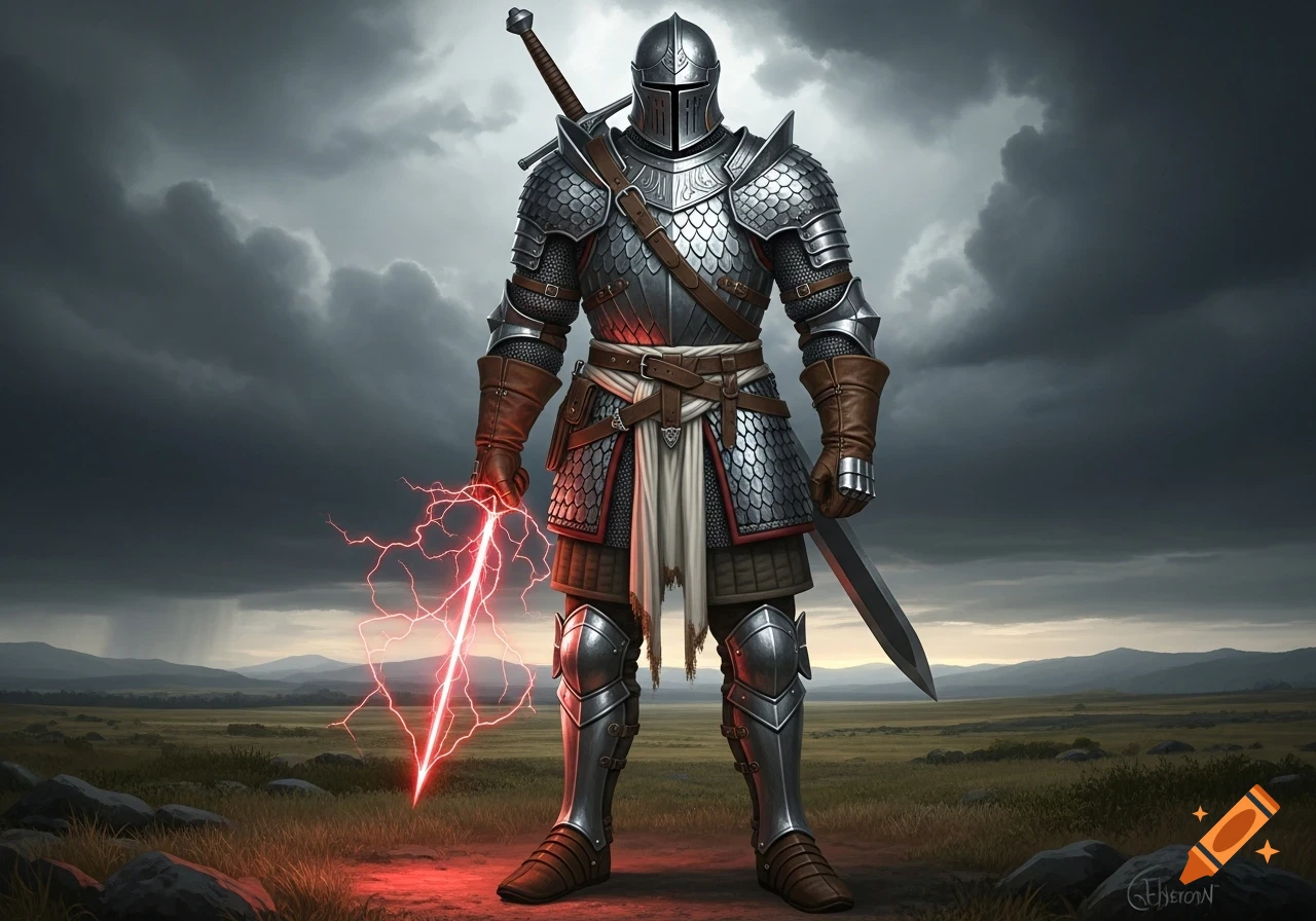 A heavily armored knight in full plate stands in a field under a stormy sky, holding a glowing red lightning sword.