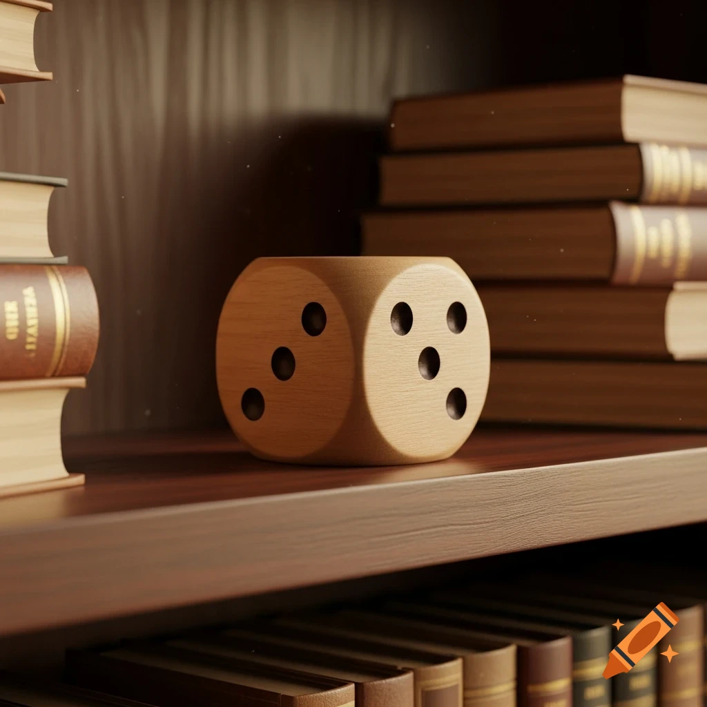 A photorealistic image of a large wooden die on a dark wooden bookshelf, flanked by stacks of old books.