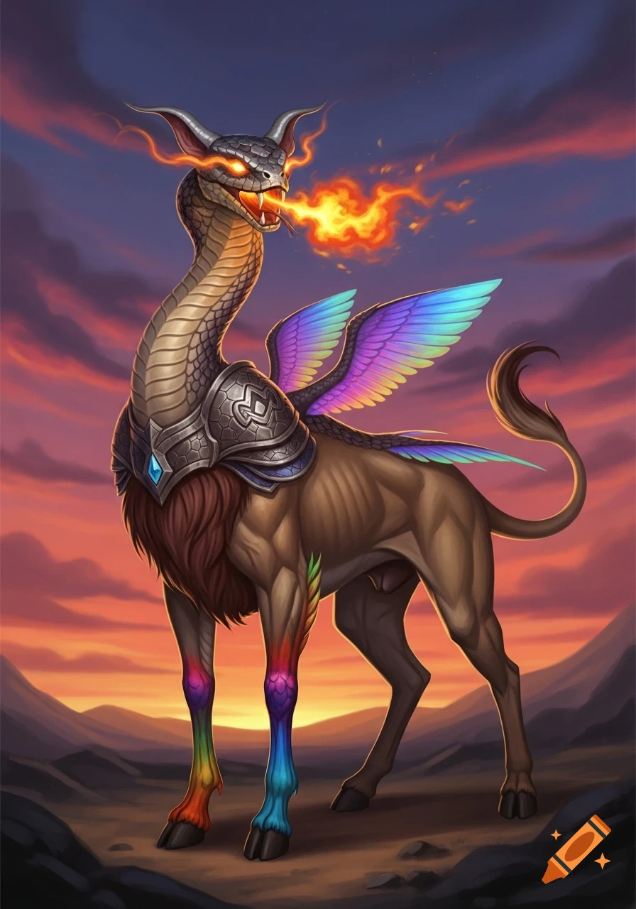 A fantasy monster with a snake head breathing fire, lion body, rainbow wings, and deer legs against a sunset sky.
