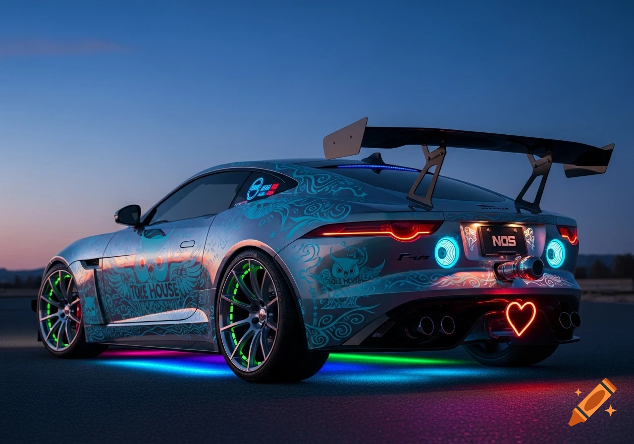 A customized blue Jaguar F-Type sports car with a large spoiler, LED underglow lights, neon wheels, and a heart-shaped exhaust tip.
