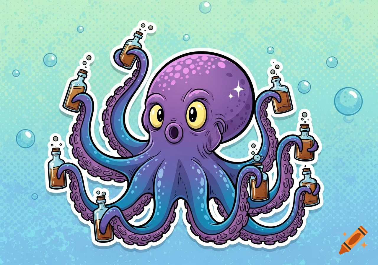 A vibrant cartoon purple and blue octopus holds small brown bottles in each tentacle against a teal, bubbly background.