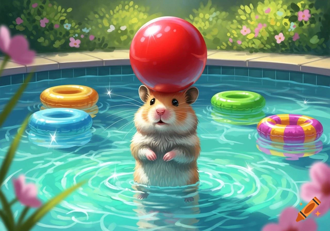 A cute hamster balancing a big red ball on its head while standing in a swimming pool with colorful inflatable rings.