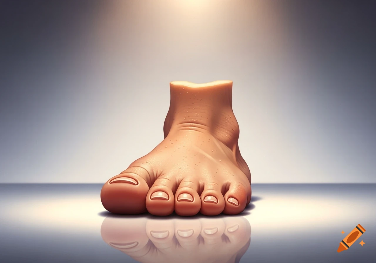 A detached, stylized human foot stands on a reflective surface under soft, bright lighting, with small water droplets on its skin.