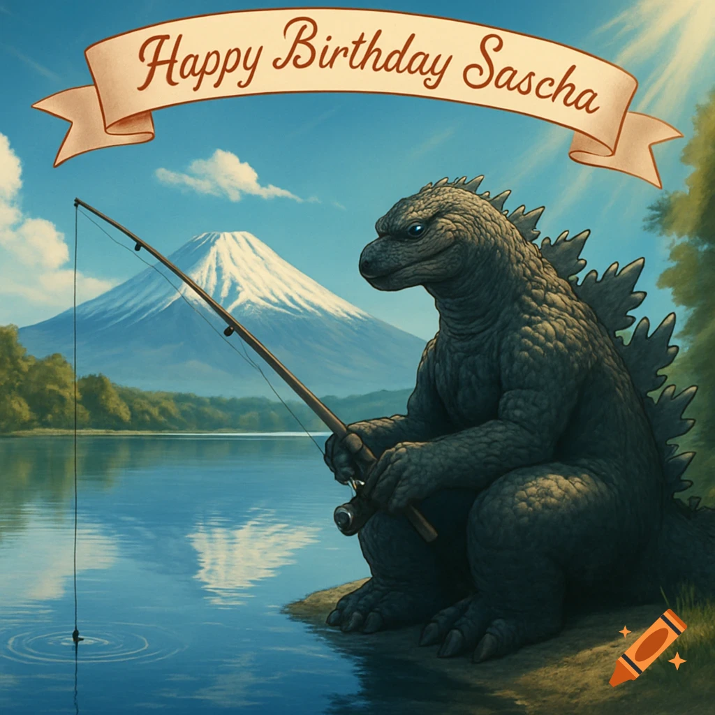 Illustrated Godzilla fishing by a lake with Mount Fuji, under a banner reading 'Happy Birthday Sascha'.
