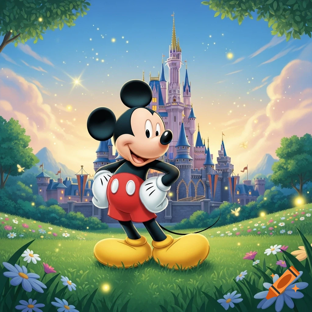 Mickey Mouse stands smiling in a vibrant green field with colorful flowers, a grand castle under a sparkling sky in the background.