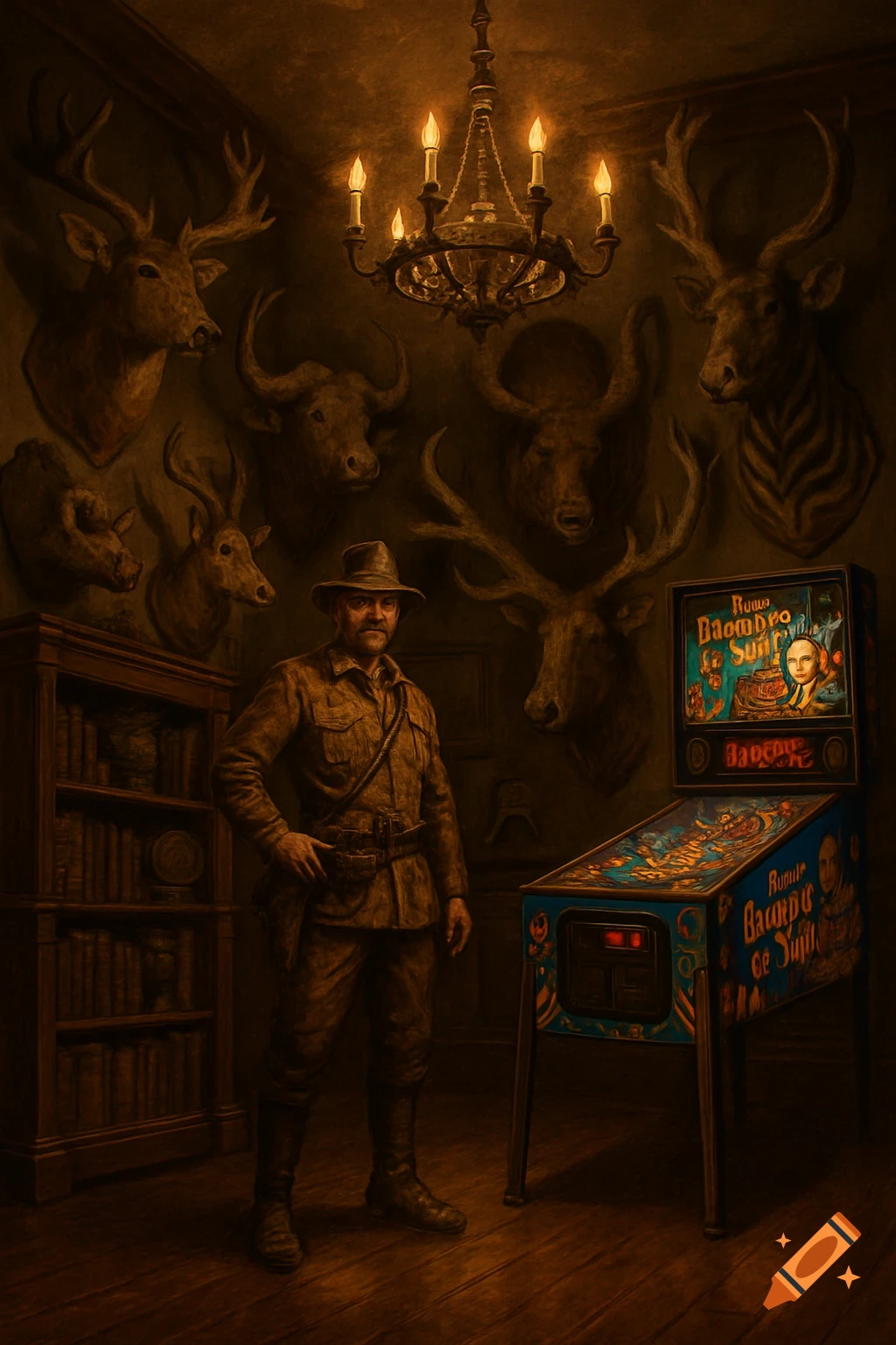 A hunter in a dimly lit trophy room with several animal busts on the wall, standing next to a vintage pinball machine and a bookshelf.