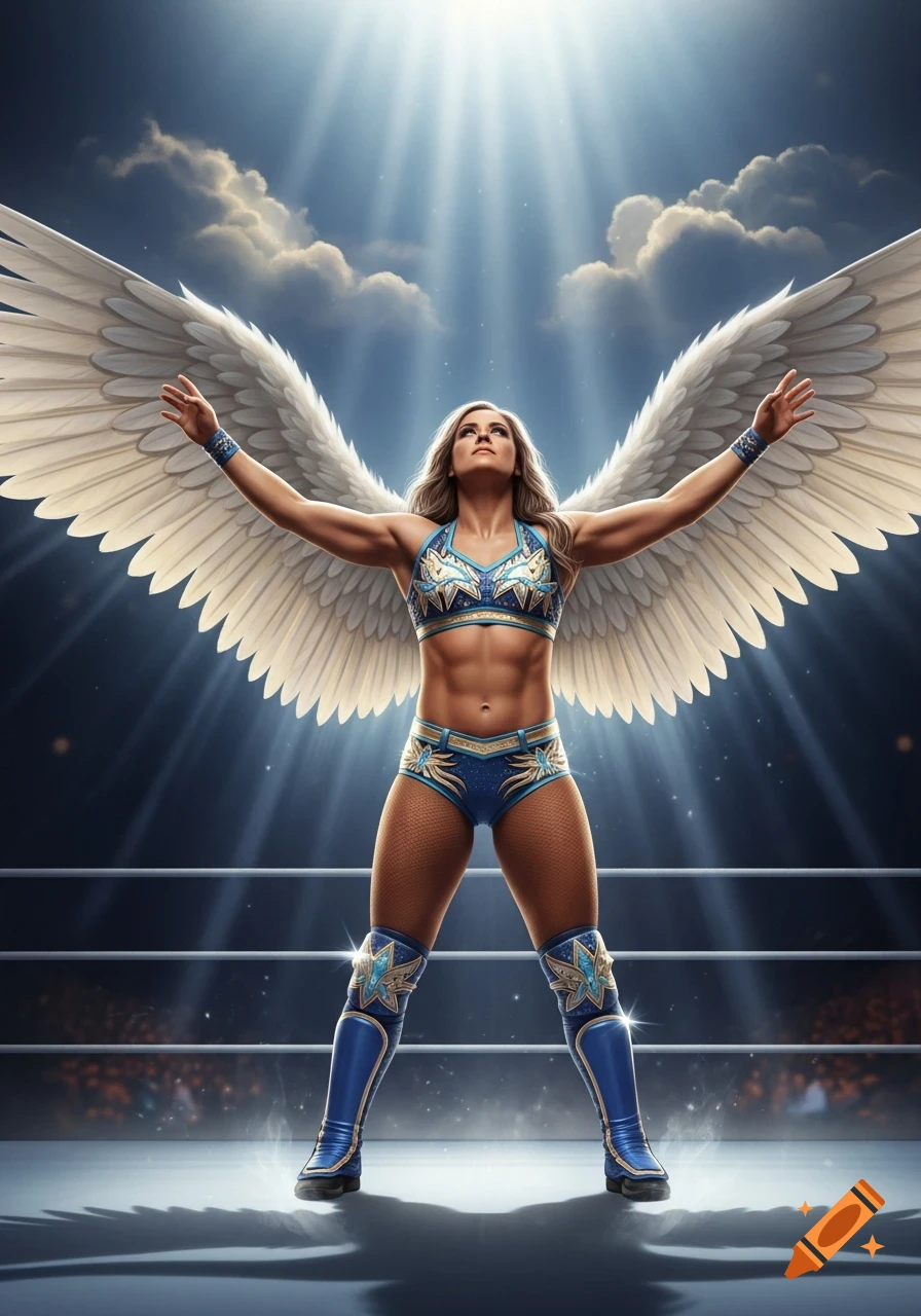 A female wrestler with large white angel wings stands in a spotlighted wrestling ring, looking upwards.