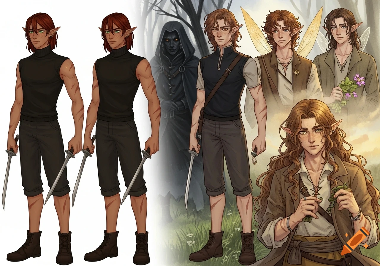 A collage of multiple male fae characters with pointed ears, auburn hair, freckles, and 'burn marks' (tiger stripes) in various fantasy styles.