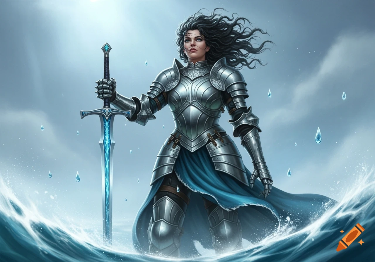 Female warrior in silver plate armor with unruly black hair stands in ...