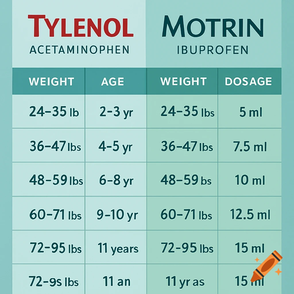Infographic comparing Tylenol and Motrin dosage charts by weight and age for children.
