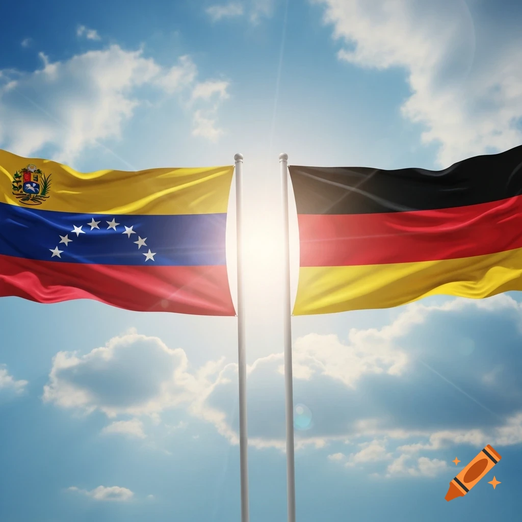Photorealistic image of the Venezuelan and German flags flying side-by-side against a sunny, cloudy blue sky, symbolizing cooperation.