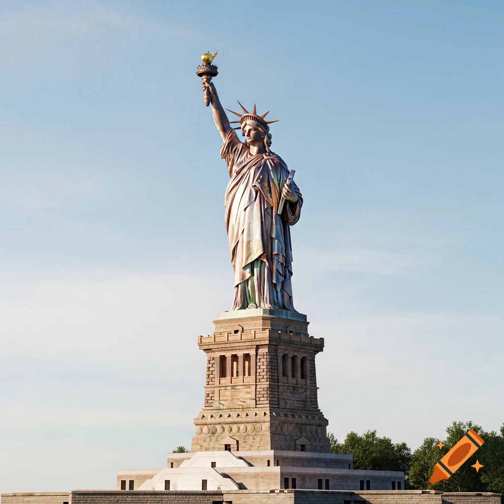 A realistic, detailed rendering of the Statue of Liberty with bright, polished copper surfaces and subtle reflections against a clear blue sky.
