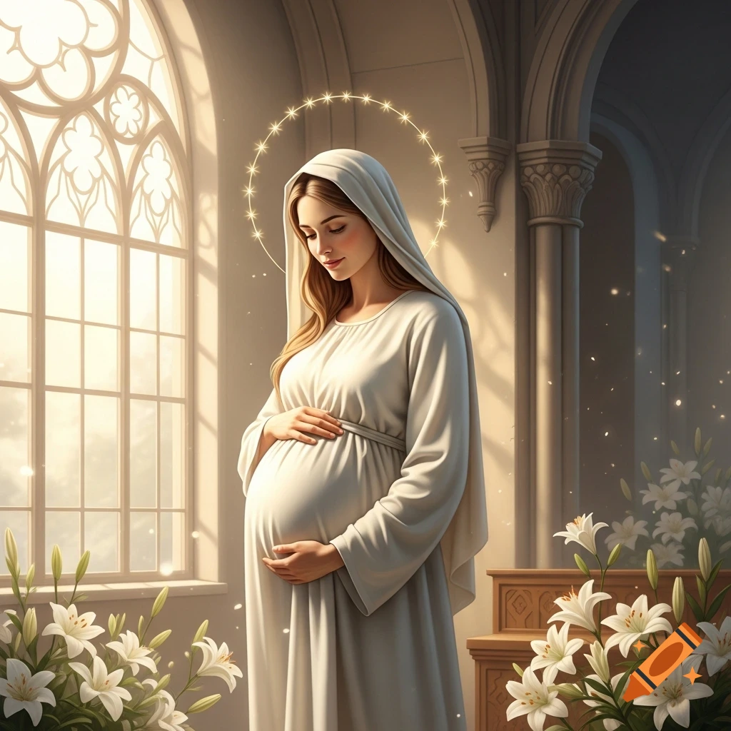 A pregnant woman in white robes with a glowing halo, gently holding her belly in a sunlit church with white lilies.