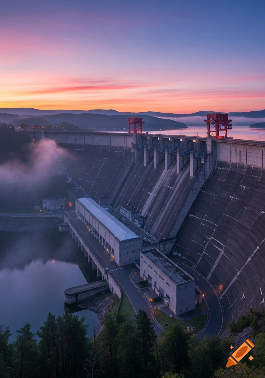 Massive concrete hydroelectric dam at sunrise with a vibrant pink and orange sky, mist over water and forested hills.