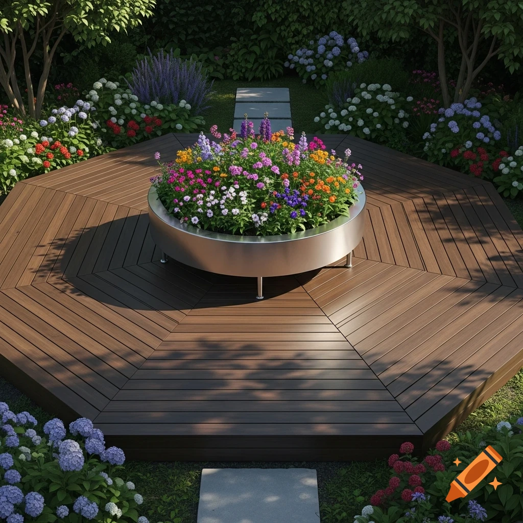 A hexagonal dark brown wood patio features a silver round planter overflowing with colorful flowers, surrounded by lush garden greenery.