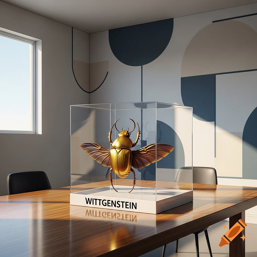 A detailed golden beetle sculpture with spread wings displayed in a clear case labeled 'WITTGENSTEIN' on a wooden table in a modern room.