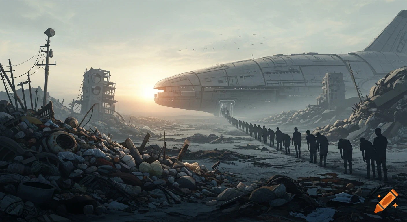 A desolate, polluted landscape at sunset with a line of people boarding a massive spaceship. Debris piles litter the foreground.