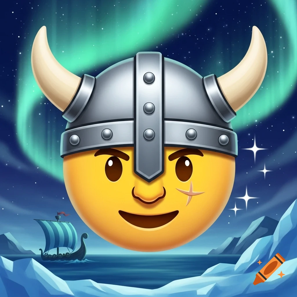 A smiling yellow emoji wearing a horned Viking helmet, sailing past icebergs under green Northern Lights in a cartoon style.