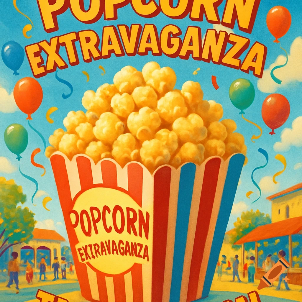 A colorful retro-style poster advertising 'Popcorn Extravaganza' with a large bucket of popcorn, balloons, and a fairground background.
