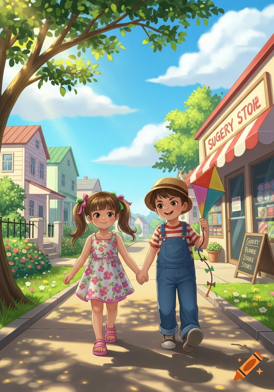 A cartoon little girl and boy hold hands while walking down a sunlit street past houses and a store.