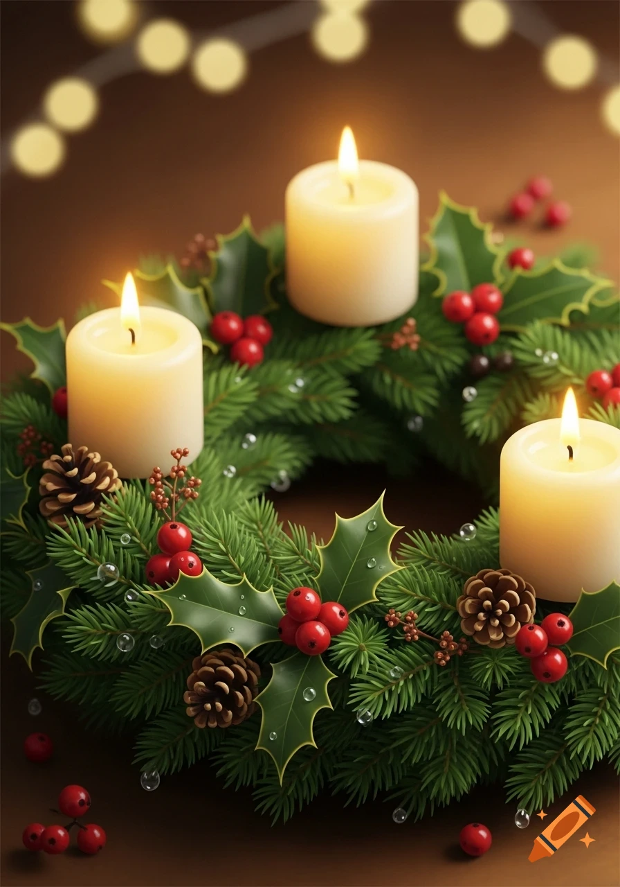 A festive Advent wreath with three lit candles, holly, red berries, and pinecones on a dark background with blurred lights.