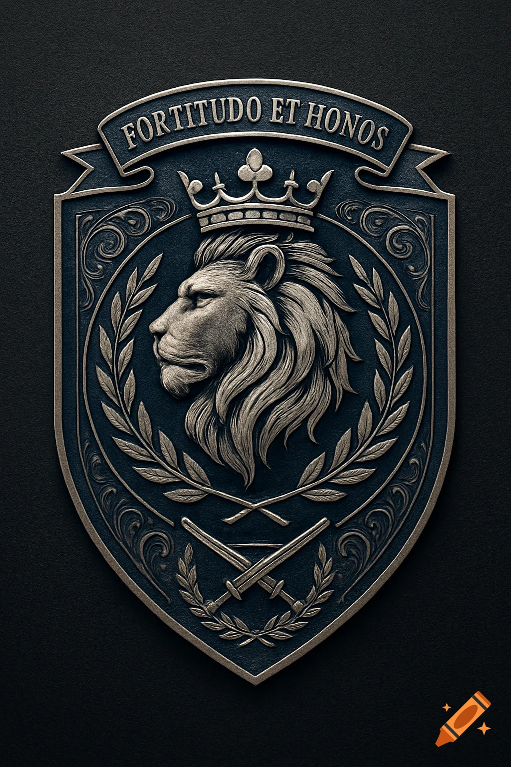 A highly detailed metallic emblem featuring a crowned lion's head, laurel wreath, crossed swords, and banner text 'FORTITUDO ET HONOS' on a dark background.