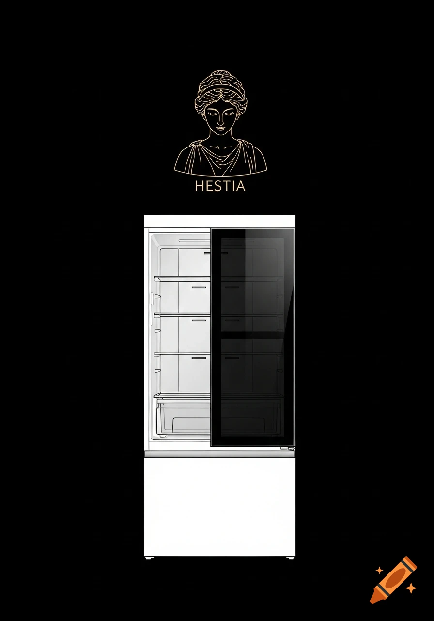 Minimalist gold line art bust of Hestia above a modern white and black refrigerator on a black background.