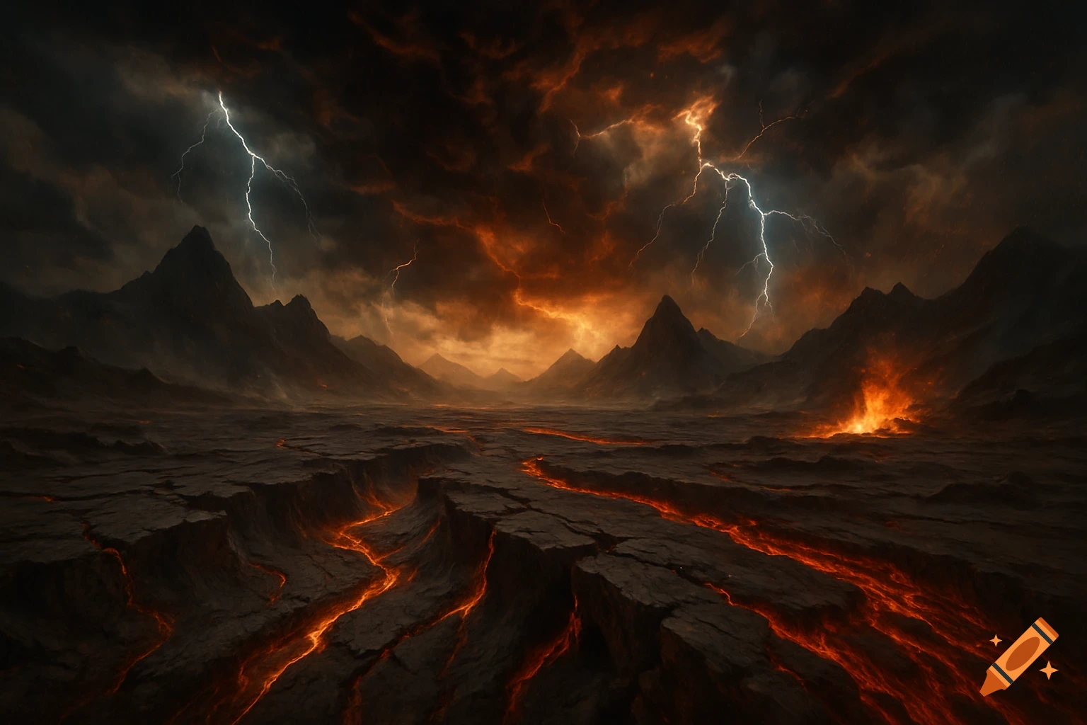 A stormy volcanic landscape with dark mountains, lightning, and glowing rivers of lava flowing through cracked earth.