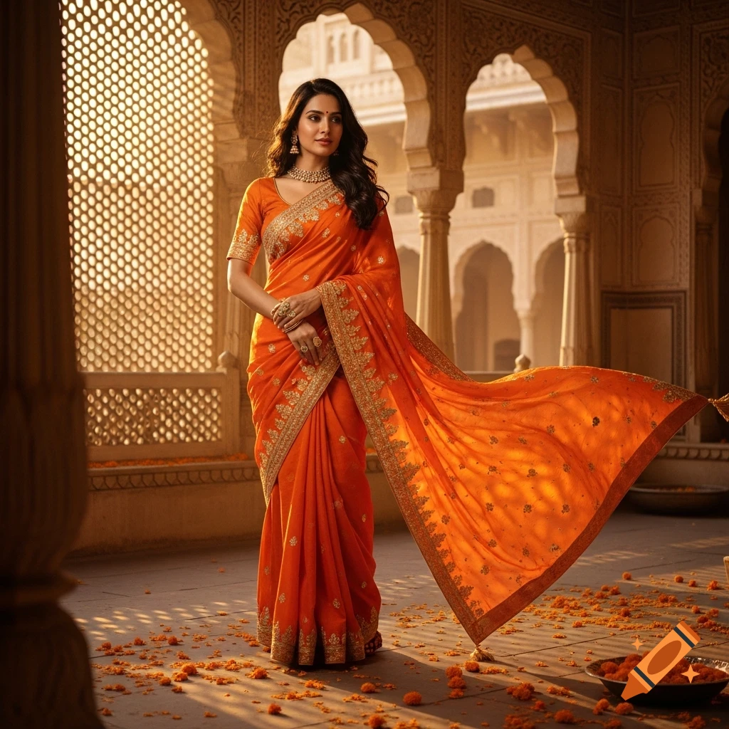 A beautiful Indian woman in an orange embroidered saree stands in an ornate archway, sunlight dappling the floor with scattered marigold petals.