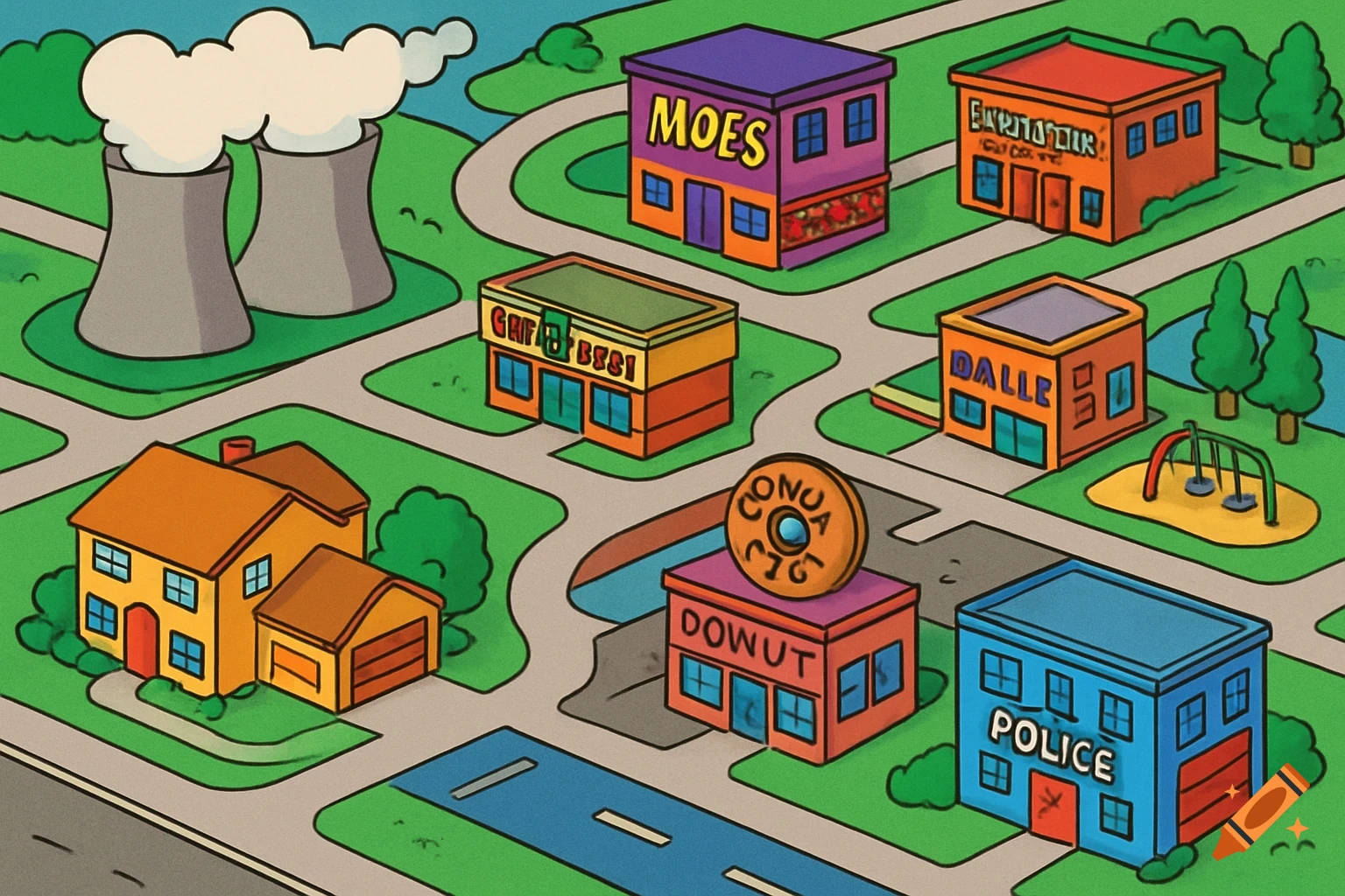 A colorful cartoon map of a 1990s American town, with isometric buildings including a house, nuclear plant, stores, and police station on roads and green areas.