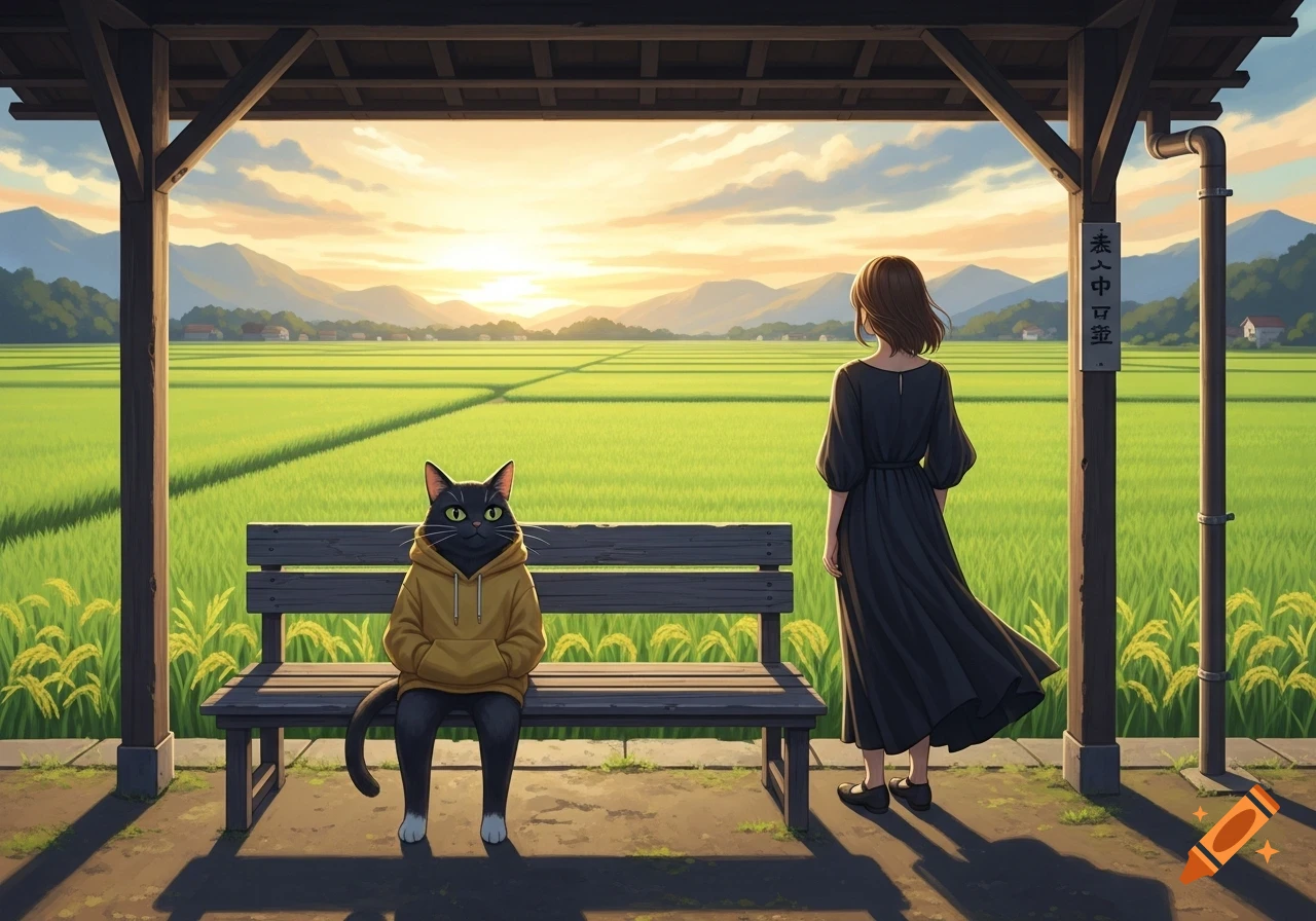 An anthropomorphic black cat in a yellow hoodie sits on a bench on a Japanese train platform with a woman, overlooking green rice fields at sunset in anime style.