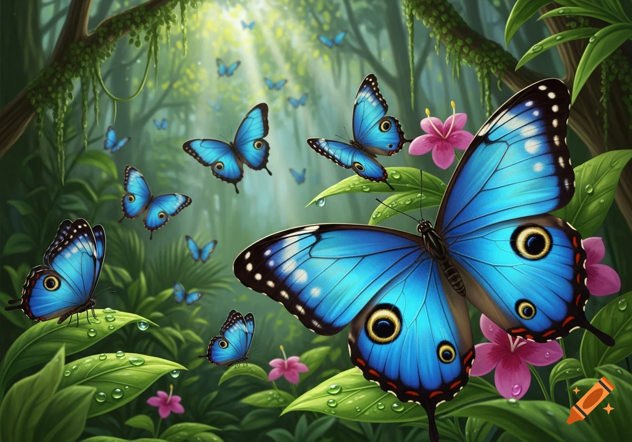 Several vibrant blue butterflies with eye-spot patterns fly and rest on dewy green leaves amidst a sunlit, lush jungle.