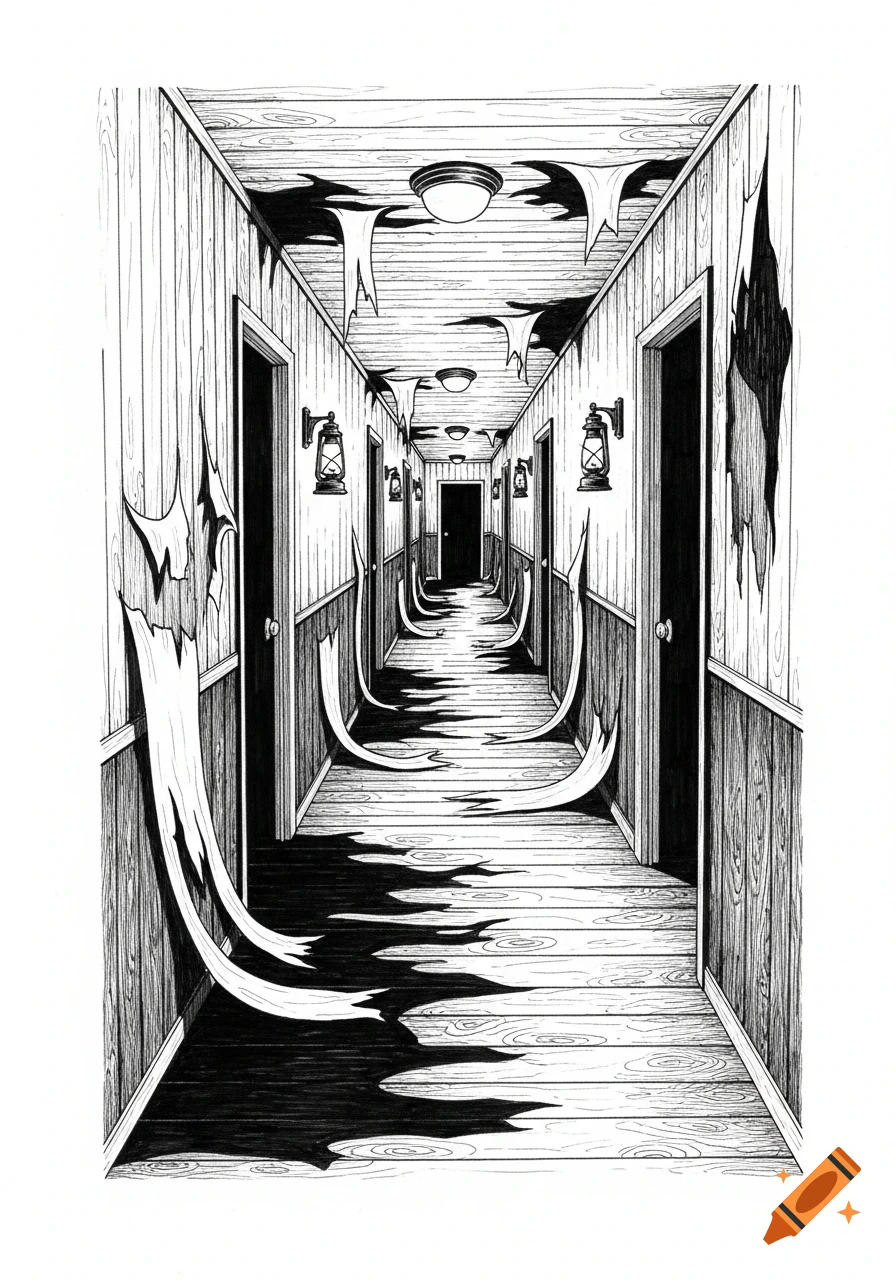 Black-and-white ink illustration of an eerie, warping motel hallway with peeling wallpaper, wooden planks, lantern lights, and stretching shadows.