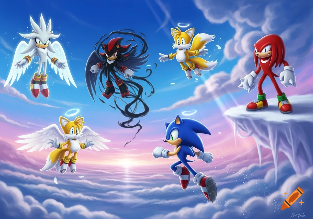 Silver, Shadow, two versions of Tails, Knuckles, and Sonic in a dynamic pose across a heavenly sky with clouds and a sunset.