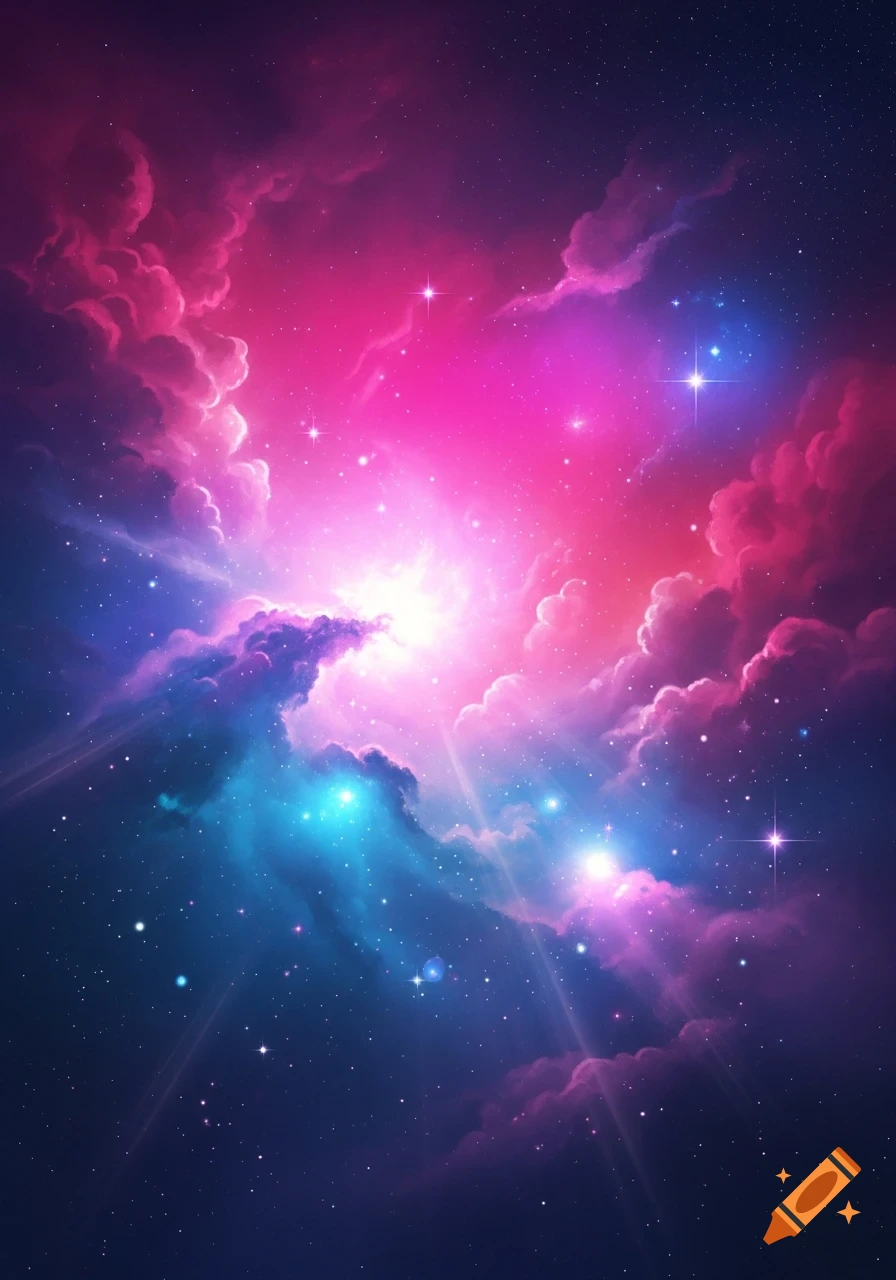 A vibrant, dreamy celestial sky with glowing pink, purple, and blue nebulae, sparkling stars, and soft light rays.