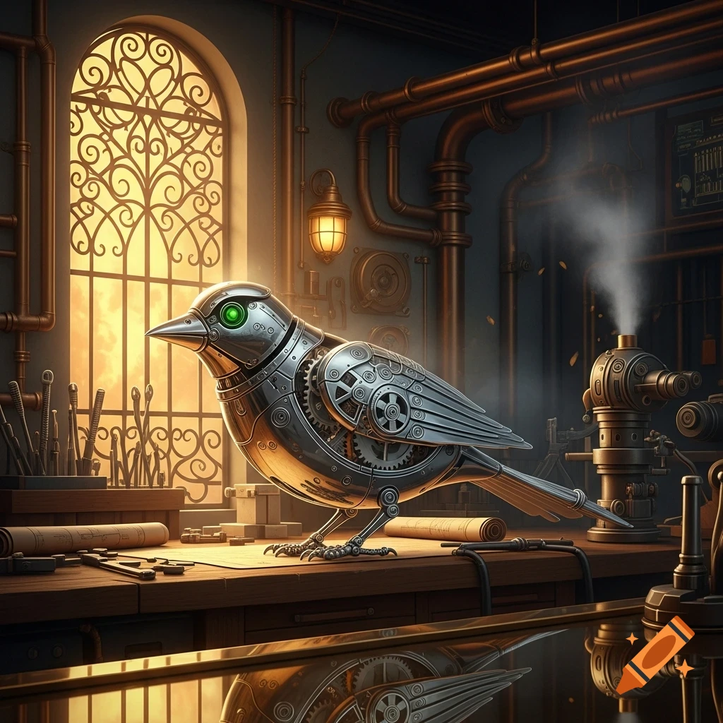 A detailed, photorealistic image of a metallic mechanical bird with glowing green eyes in a steampunk workshop.