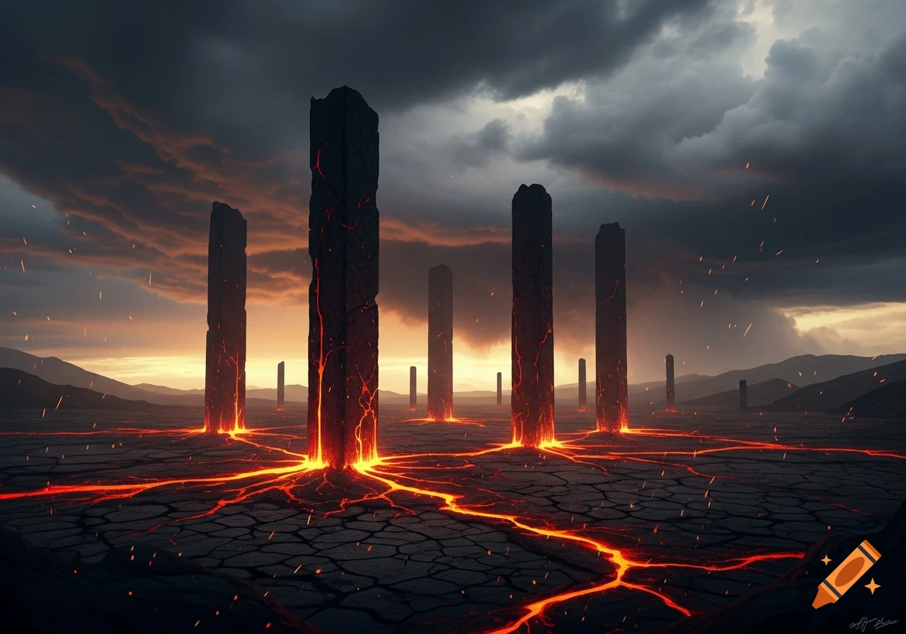 Ancient stone pillars glow with molten lava on cracked, barren ground under a stormy, orange-hued sky.