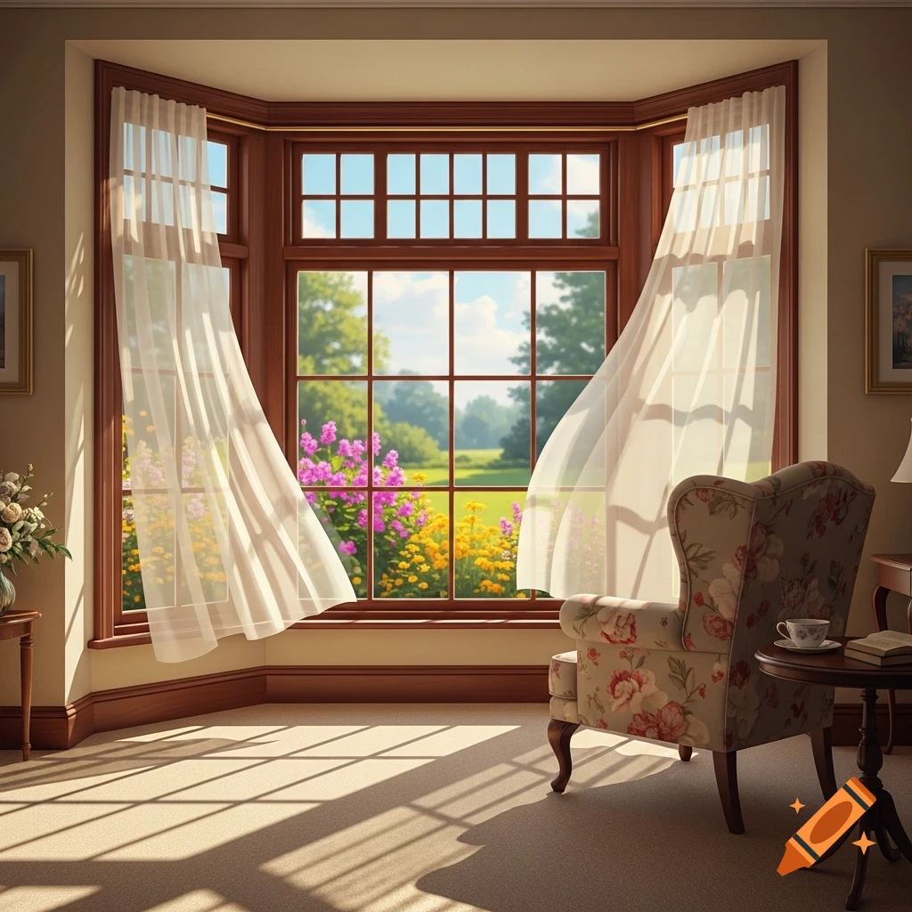 A sunlit room with a bay window overlooking a vibrant garden, featuring ...