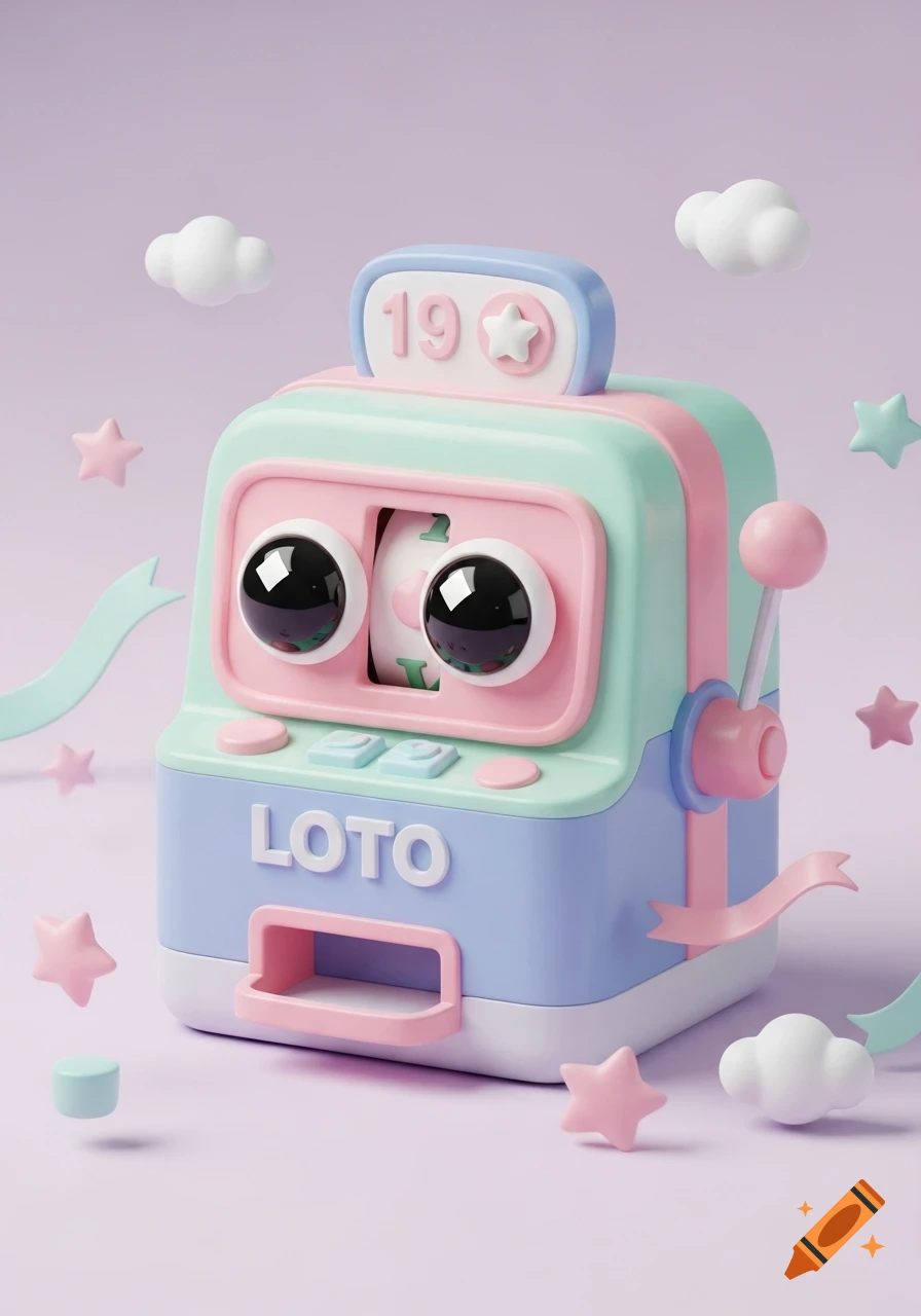 A cute, pastel 3D loto machine toy with big black eyes, displaying "19" and "LOTO", surrounded by stars and clouds.
