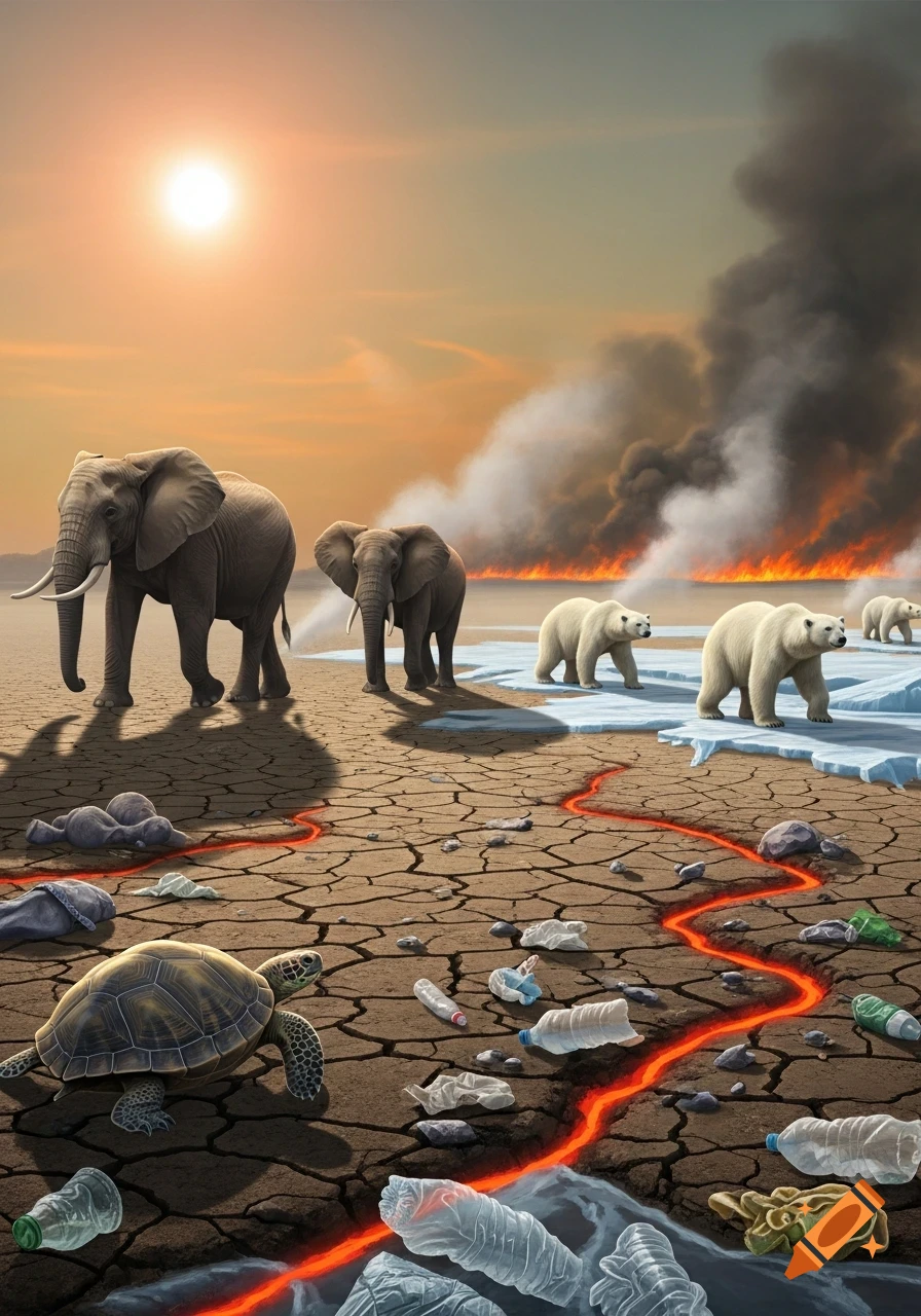 Elephants, polar bears, and a turtle on cracked earth with plastic debris and melting ice under a smoky, fiery sky, symbolizing climate change.