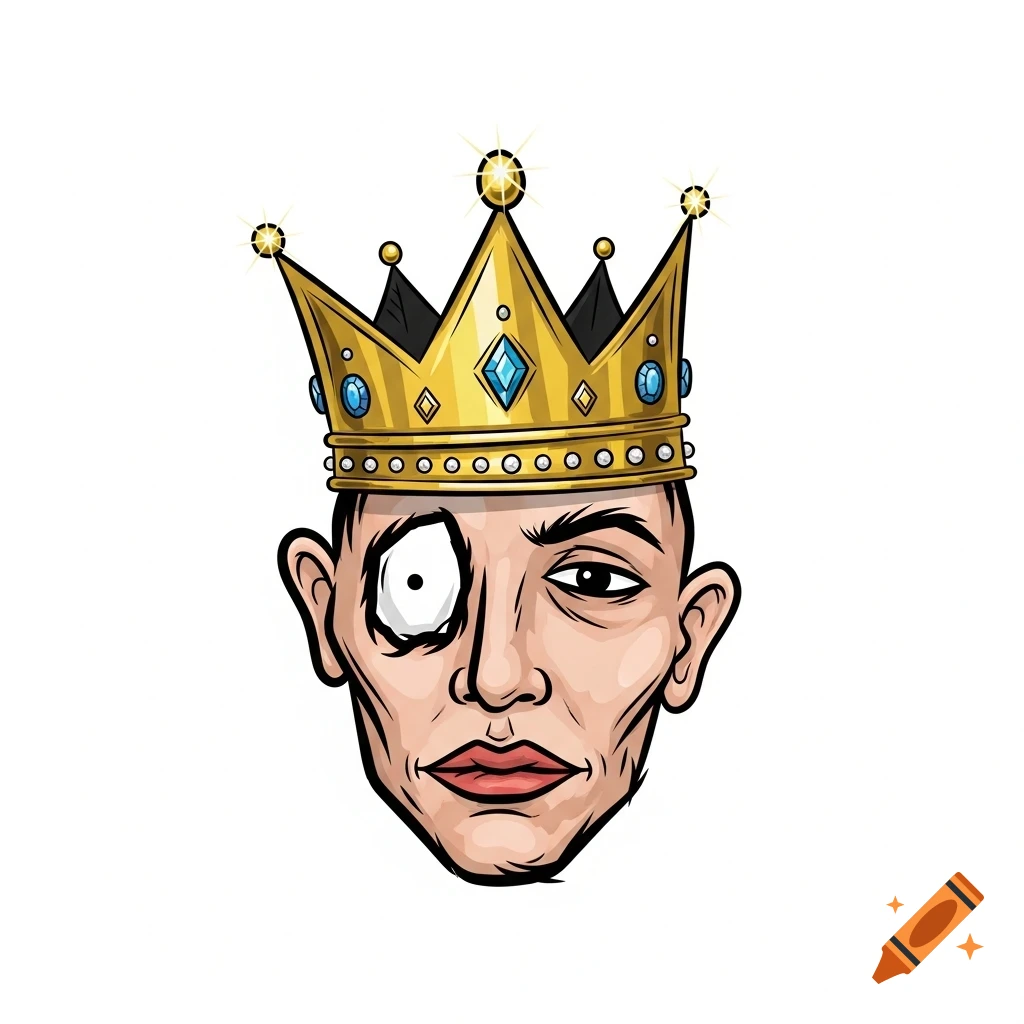 A cartoon illustration of a gaunt, stylized head wearing a golden crown with jewels. One eye is wide and white, the other narrow.