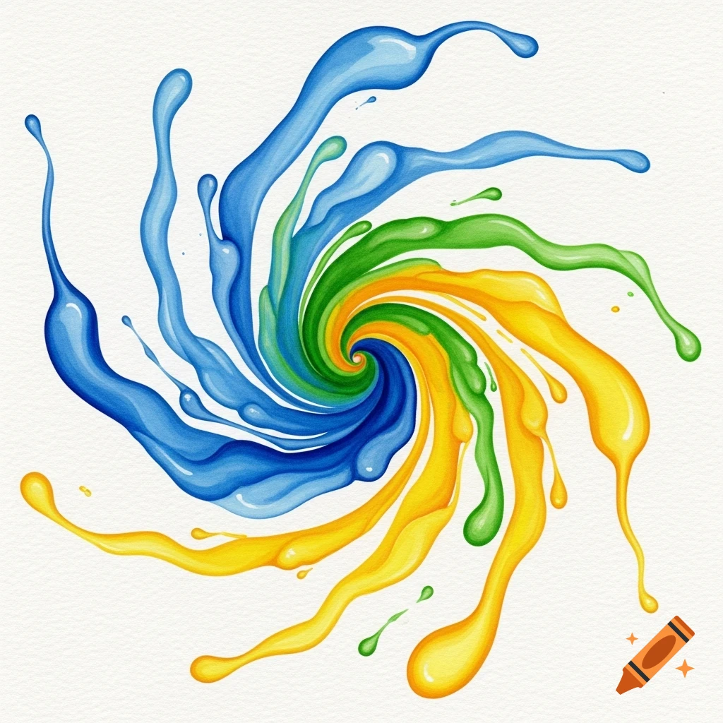 A vibrant blue, green, and yellow paint splash swirls in a dynamic vortex on a textured white background.