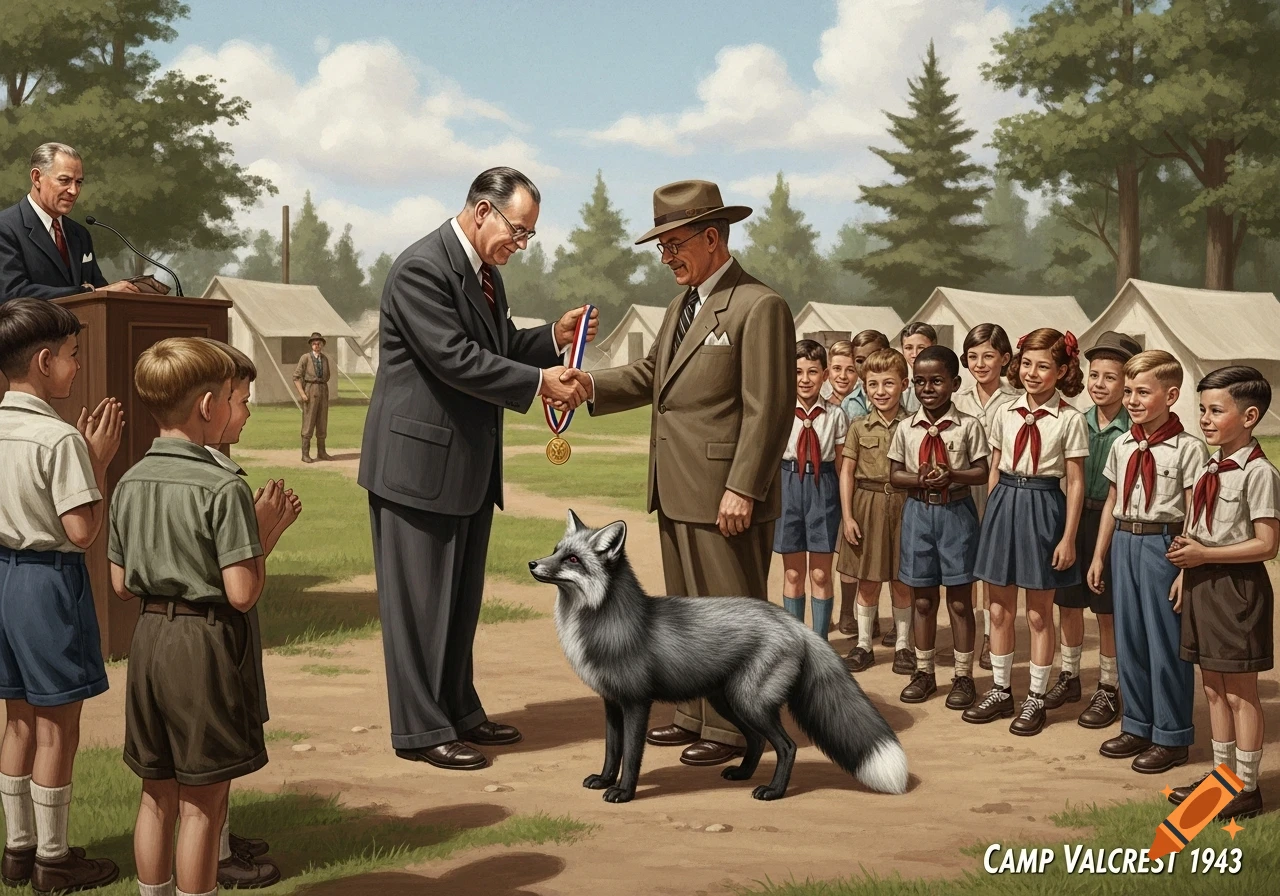 Vintage painting of a medal ceremony at Camp Valcrest in 1943, featuring two men, a silver fox, and a group of children cheering in front of tents.