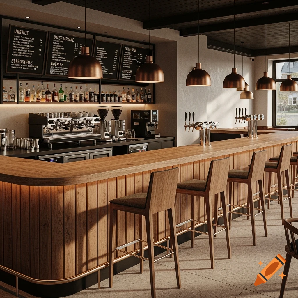 Modern cafe bar interior with a wooden counter, bar stools, coffee machines, and warm ambient lighting.