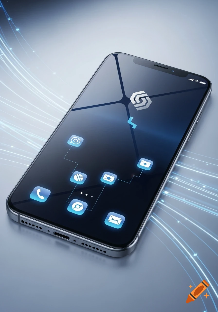 A silver smartphone with a dark blue screen displaying a hexagonal logo, app icons, and glowing white data lines on a light grey background.