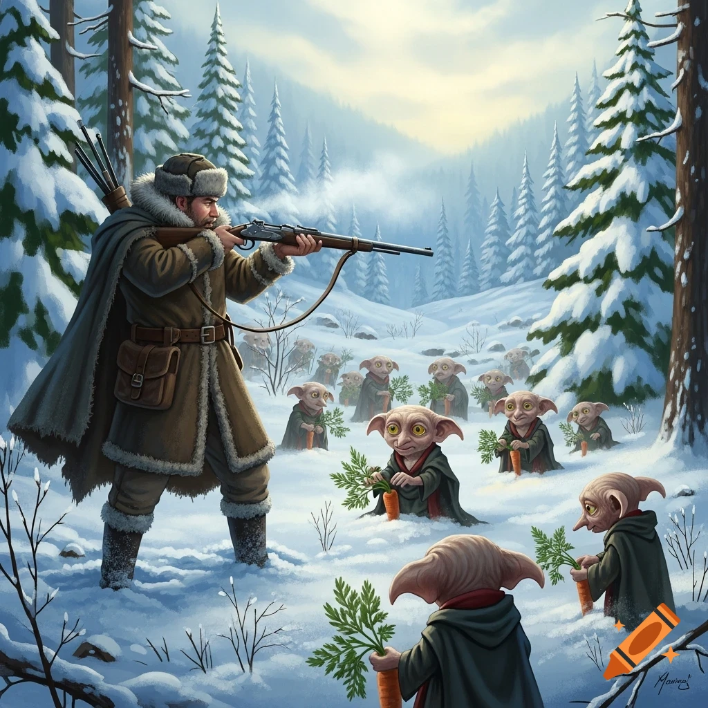 A man in winter clothes aims a rifle at a group of Dobby-like creatures holding carrots in a snowy forest.