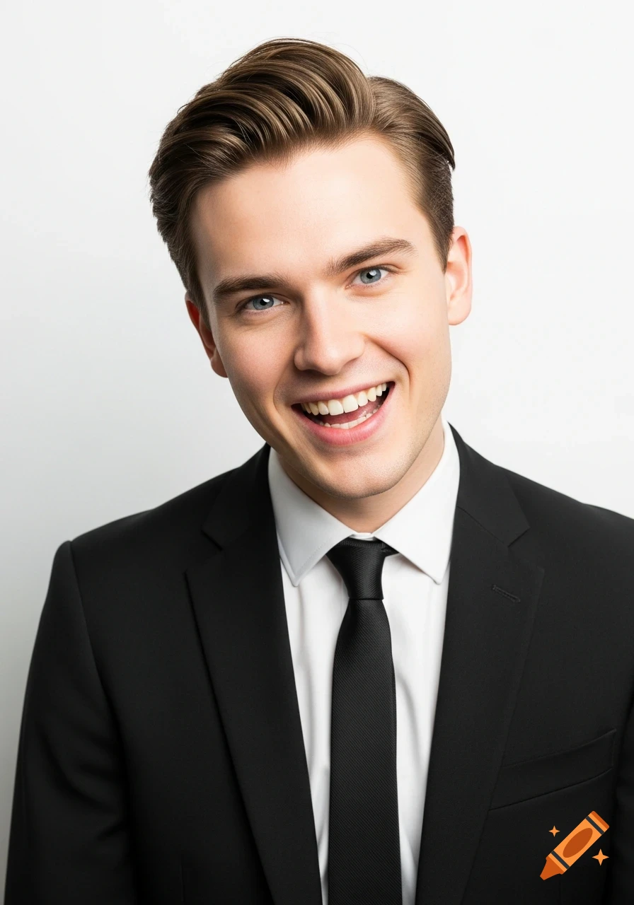A smiling young man in a black suit and tie with light brown hair and blue eyes, posing against a white background.
